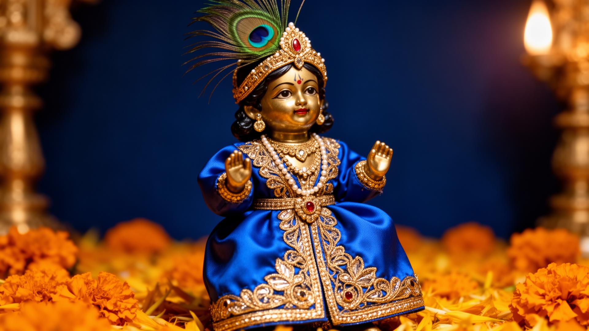 Laddu Gopal adorned in blue silk poshak with peacock feather crown